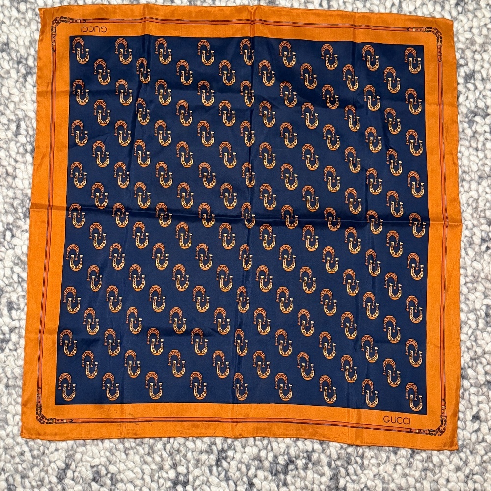Gucci Scarf Silk Square 22" x22" (55cm) "Horse harness" Horse Shoe Orange/Navy